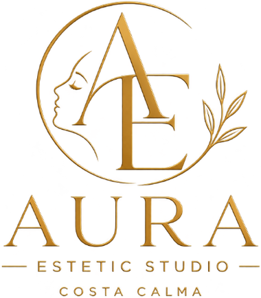 Logotipo de Gold Aura Estétic Studio con un rostro estilizado, “AE”, una rama de olivo y el texto “Costa Blanca”.