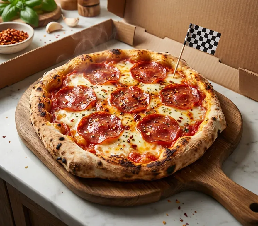 Eine Peperoni-Pizza mit einer kleinen Zielflagge liegt auf einem Holzbrett in einem Pappkarton.