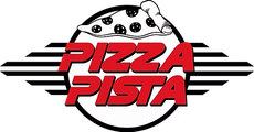 Logo mit einem St&uuml;ck Peperoni-Pizza &uuml;ber rotem Text mit der Aufschrift &bdquo;PIZZA PISTA&ldquo; vor einem kreisf&ouml;rmigen Hintergrund mit Streifen.
