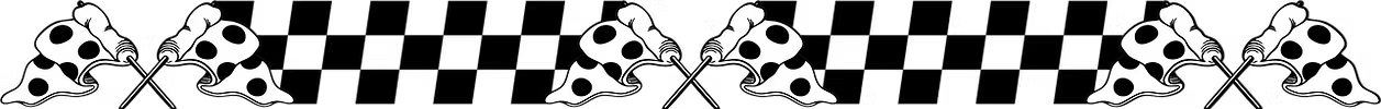 Ein schwarz-weißes Banner mit einem Schachbrettmuster, flankiert von Paaren gekreuzter Rennflaggen.