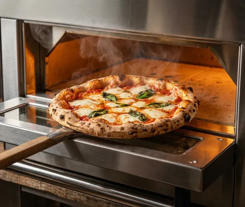 Eine frisch gebackene Margherita-Pizza mit Mozzarella und Basilikum auf einem Holzschieber, die aus einem Edelstahlofen geholt wird.
