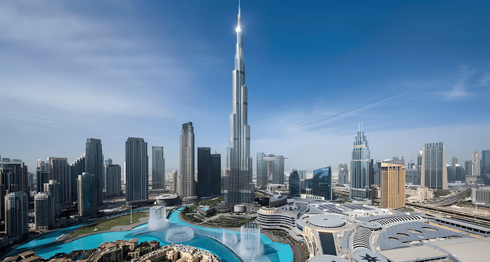 Dubai skyline with Burj Khalifa rising above modern skyscrapers and a turquoise fountain complex