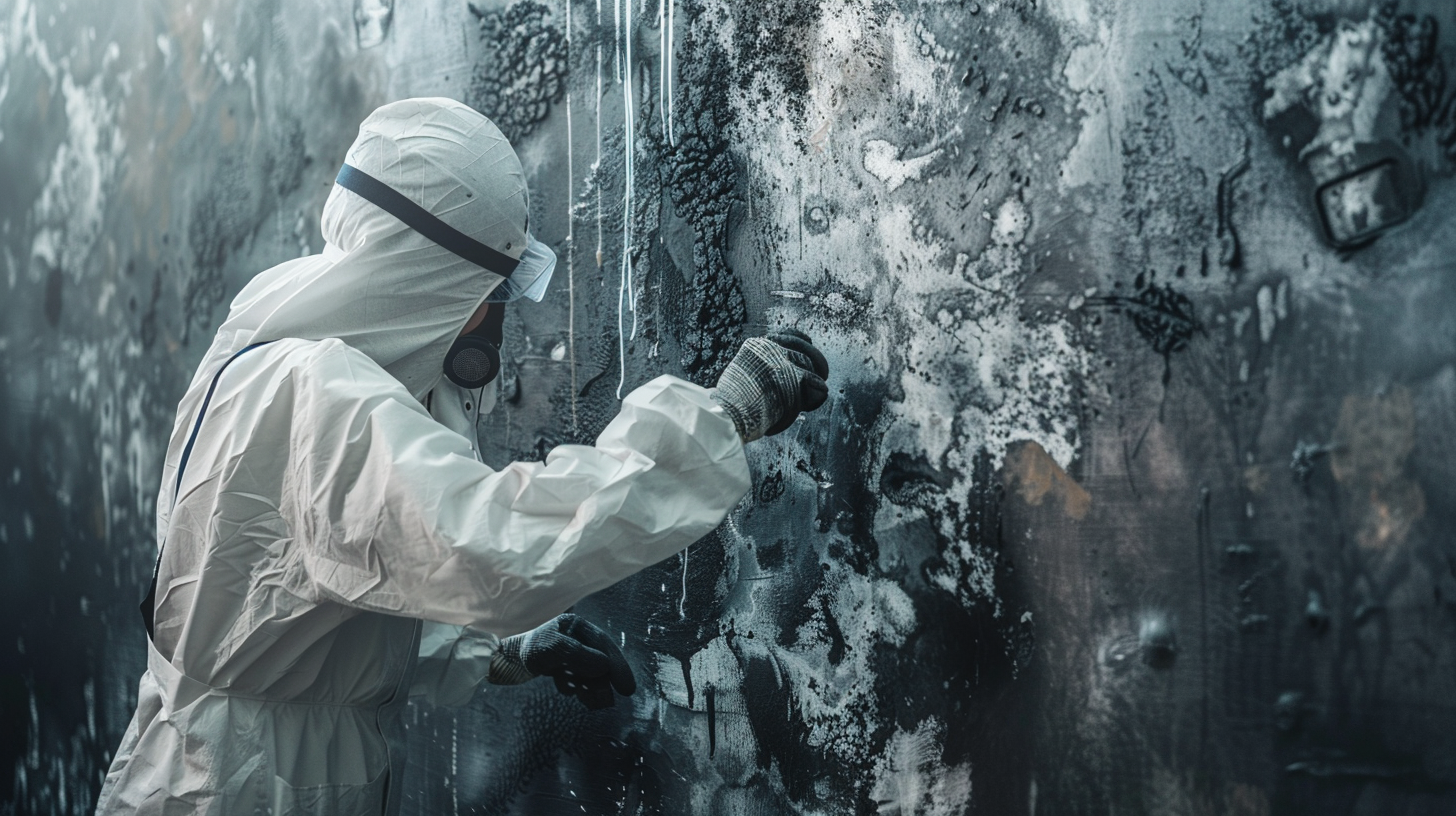 Ein Mensch im Ganzkörperschutzanzug entfernt Ruß von einer Wand. Die Reinigung und Desinfizierung ist Teil der Brandschadensanierung.