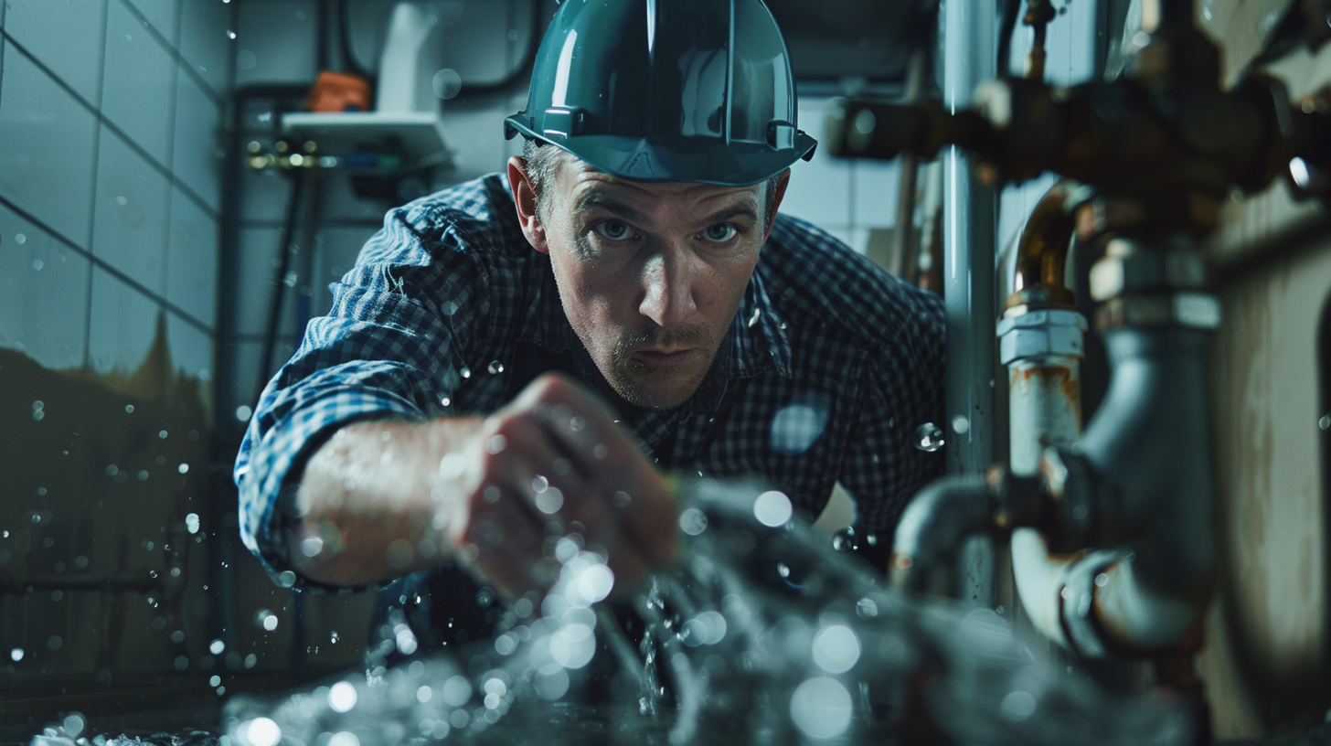 Ein Mann mit Schutzhelm repariert ein Rohr mit einem Schraubenschlüssel.