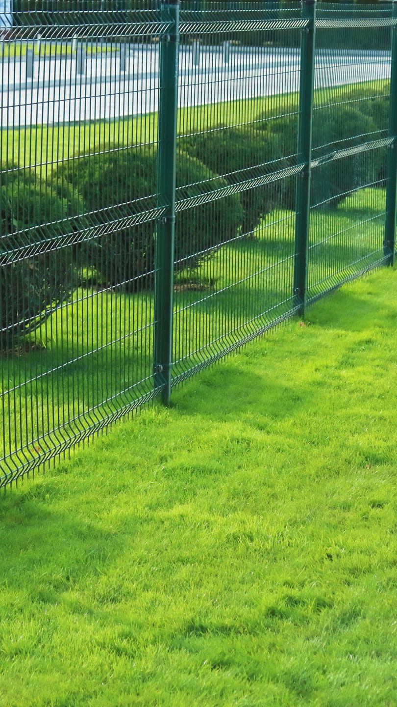 Clôture métallique verte sur une pelouse herbeuse, devant des buissons.