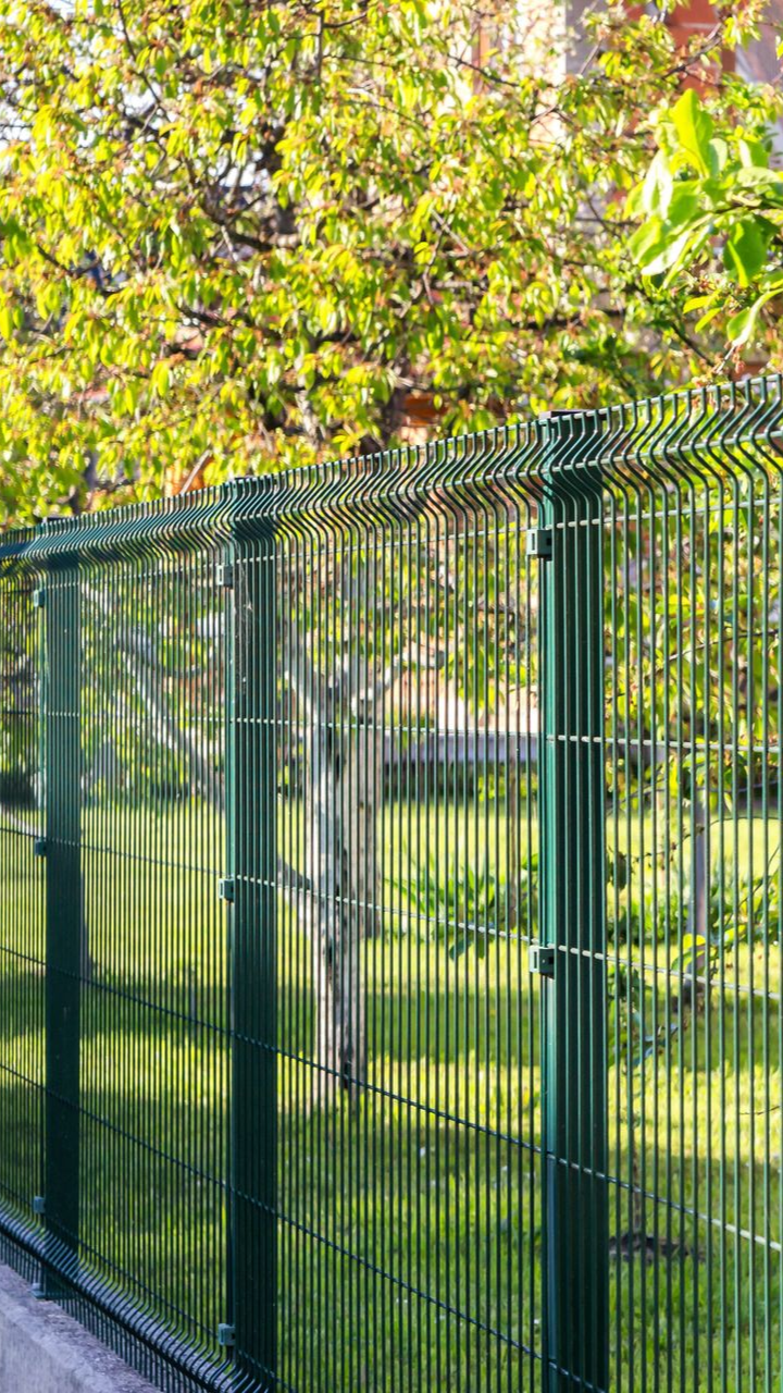 Clôture en treillis métallique vert devant des arbres flous dans un cadre extérieur ensoleillé.