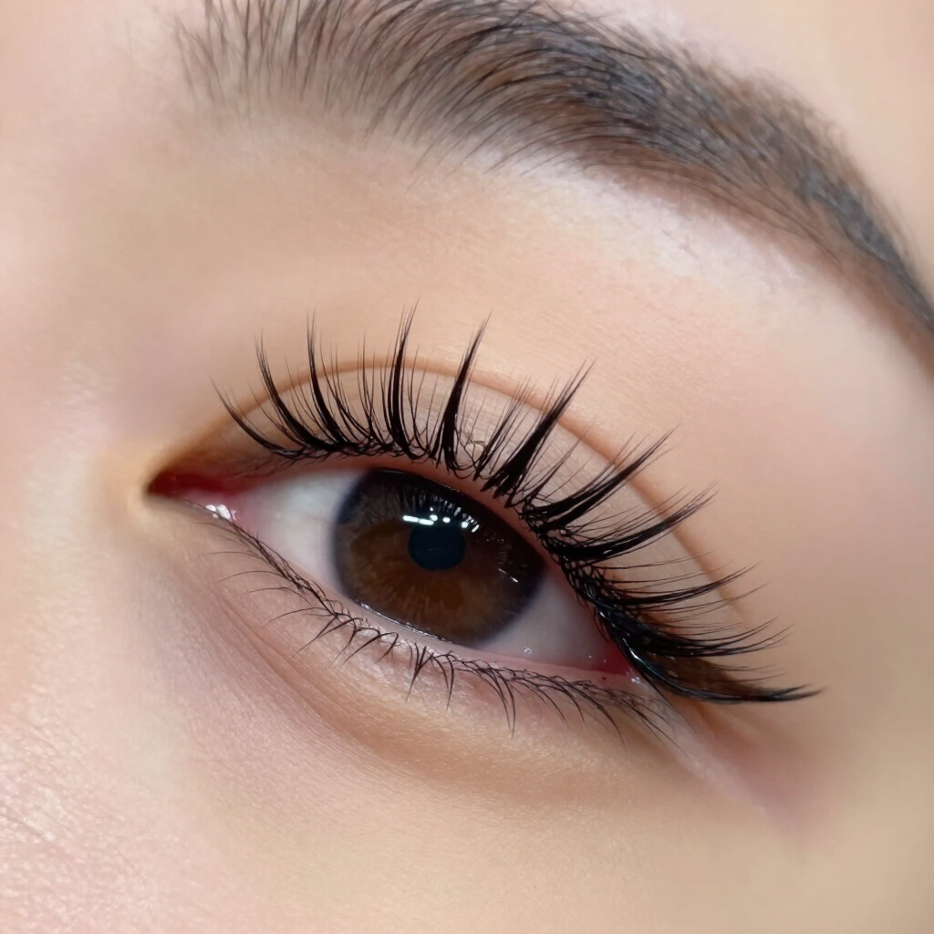 Primer plano de un ojo marrón con pestañas largas y rizadas y maquillaje natural.