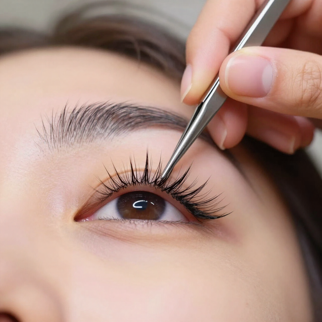 Aplicación manual de extensiones de pestañas en un ojo cerrado con pinzas.