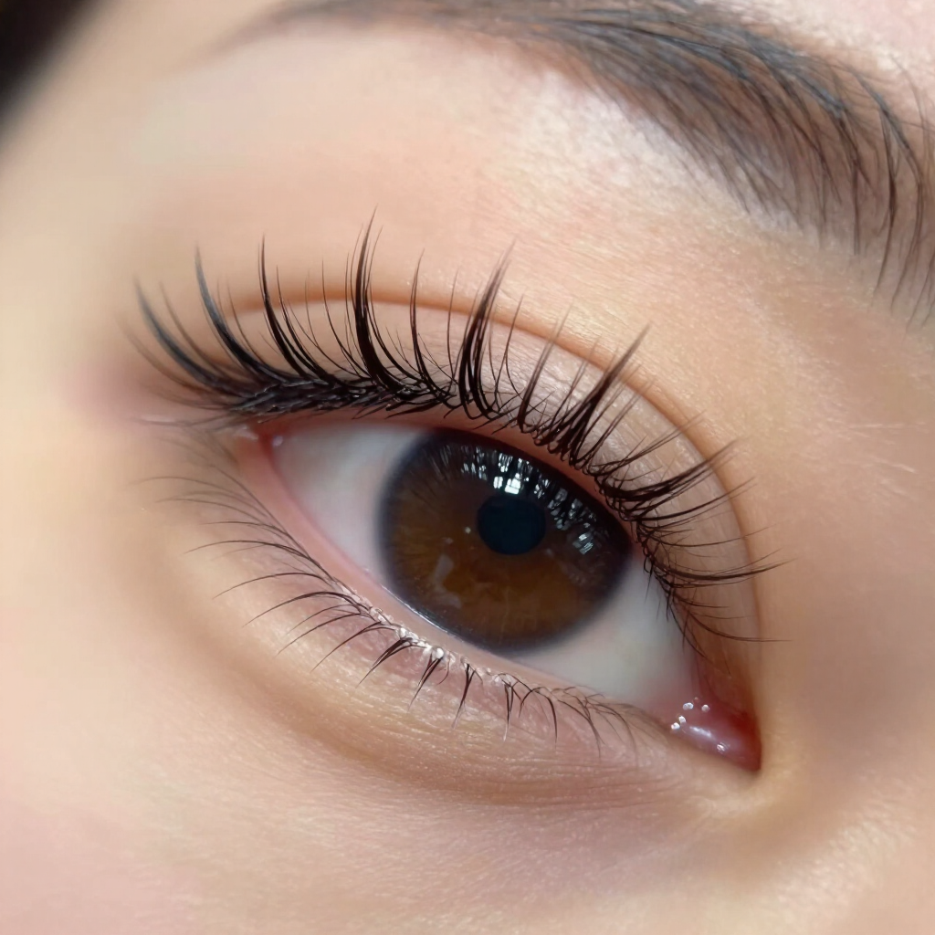 Primer plano de un ojo marrón con pestañas largas y cejas bien arregladas.