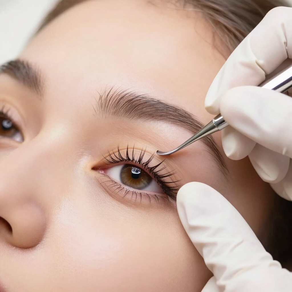 Manos enguantadas que utilizan pinzas para aplicar extensiones de pestañas en los ojos de una mujer.