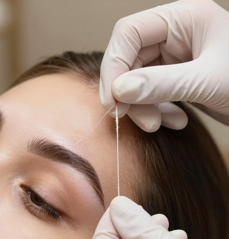 Manos enguantadas depilando las cejas con hilo durante el tratamiento de diseño de cejas.