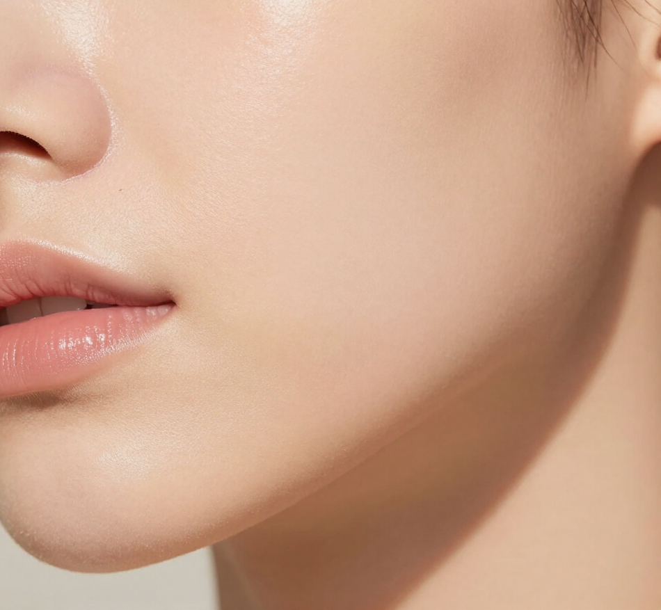 Primer plano de un rostro que muestra la nariz, los labios y la mejilla tersa con luz natural suave.