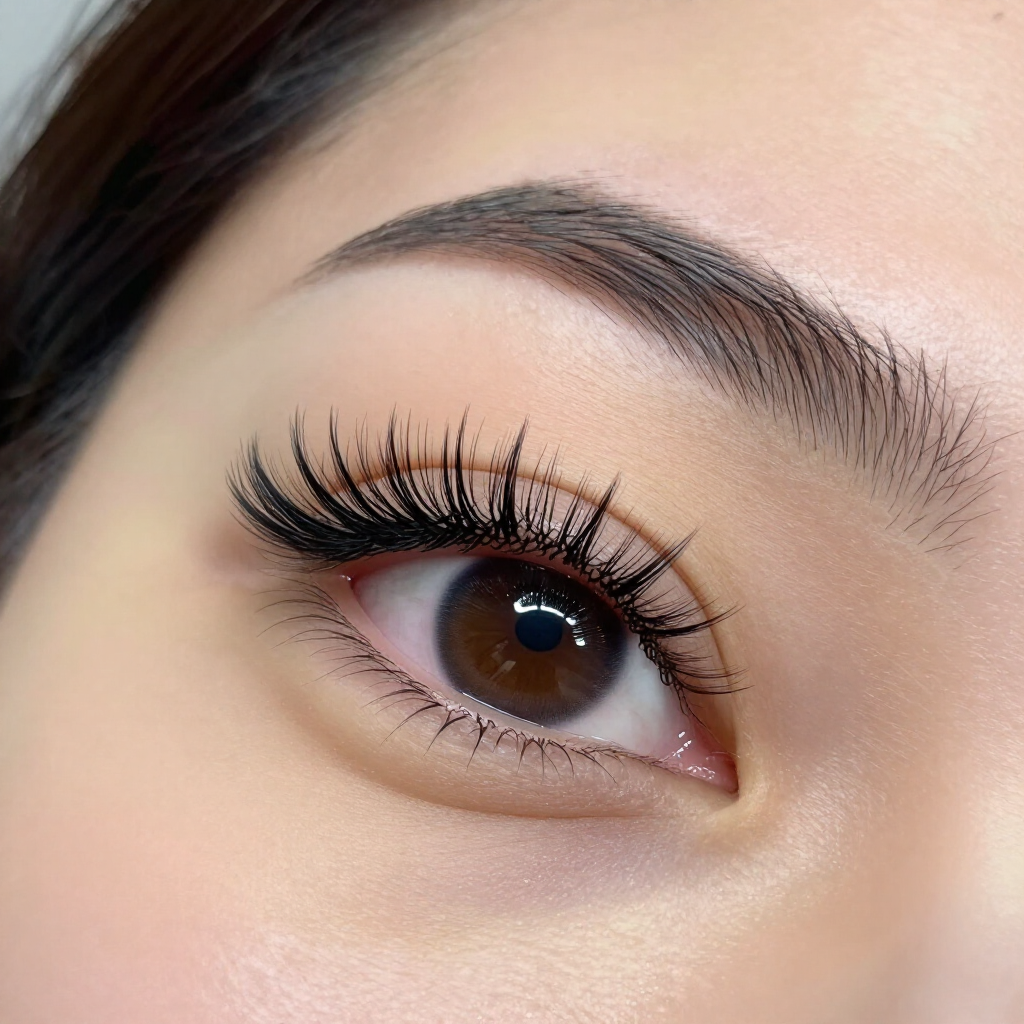 Primer plano de un ojo marrón con largas pestañas rizadas y cejas bien arregladas.