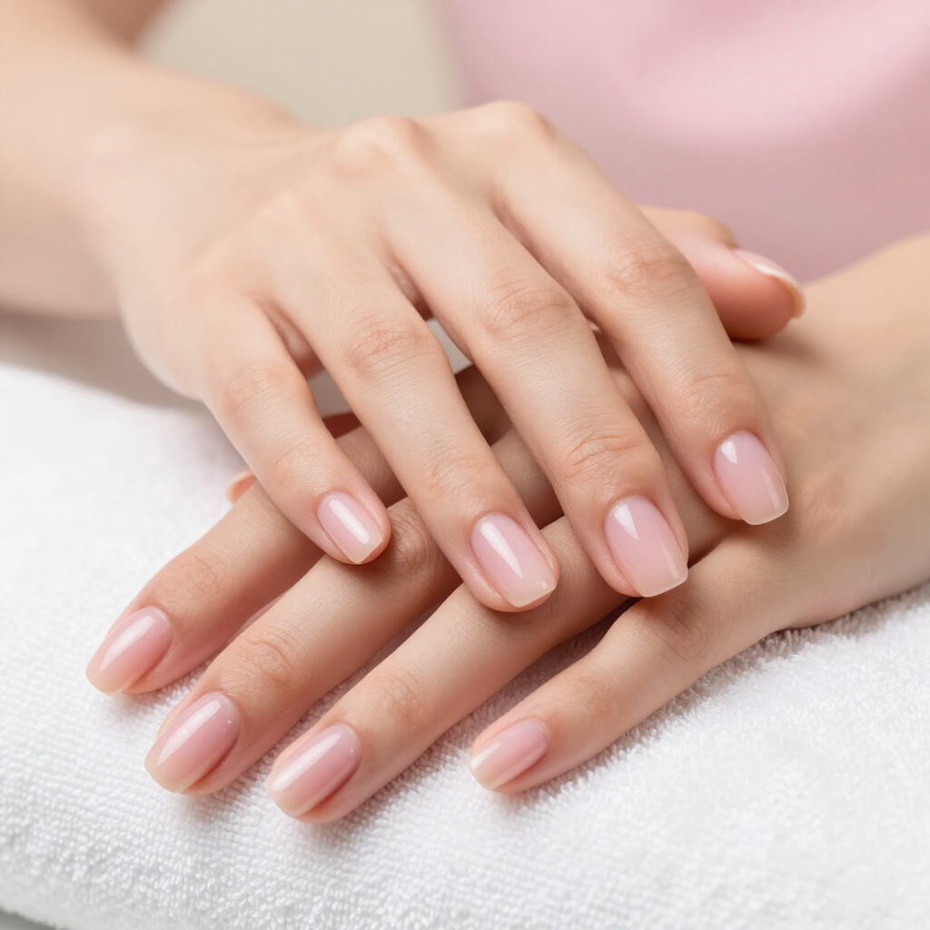 Dos manos con uñas pintadas de color rosa pálido descansando sobre una toalla blanca.