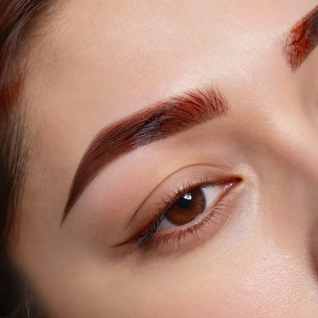 Primer plano de un ojo marrón con cejas oscuras bien definidas y maquillaje neutro.