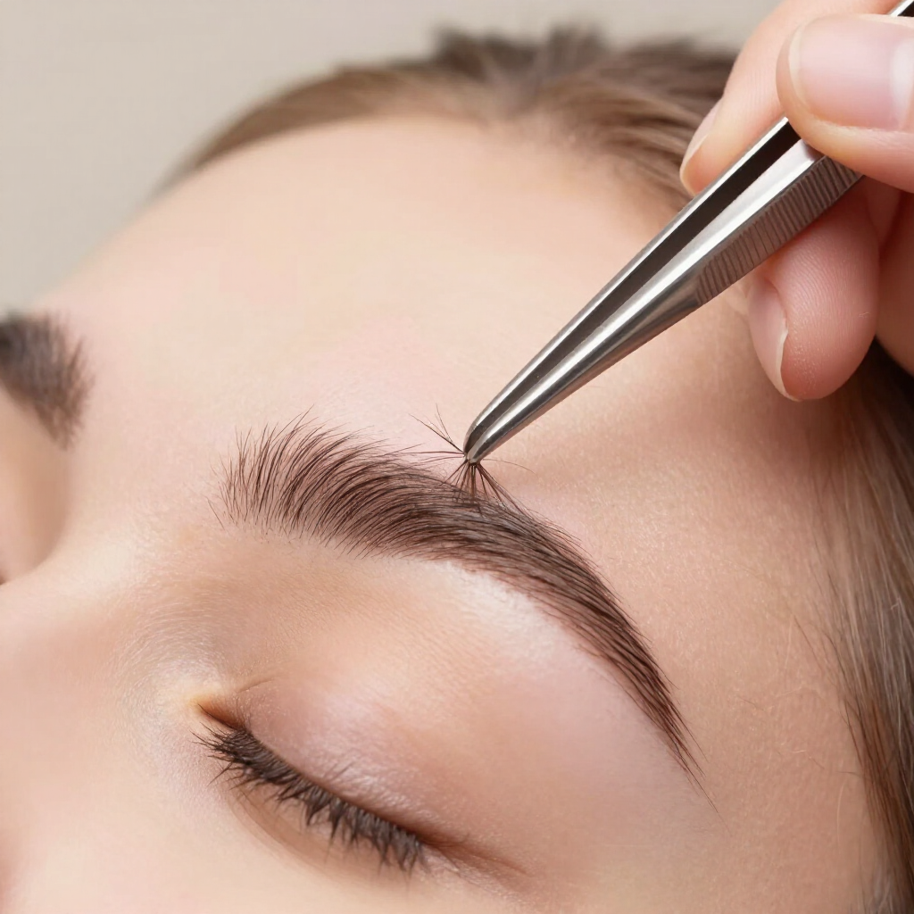 Pinzas para dar forma a una ceja en un rostro con los ojos cerrados.