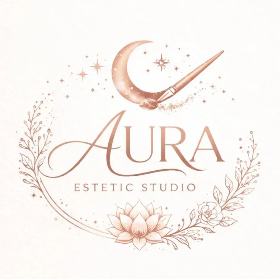 Logotipo del estudio est&eacute;tico AURA con luna creciente, corona floral y loto en suaves tonos beige.