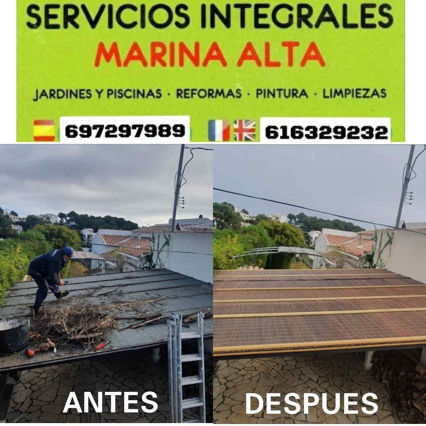Publicidad de servicios integrales con fotos de techo antes y después de limpieza y reparación