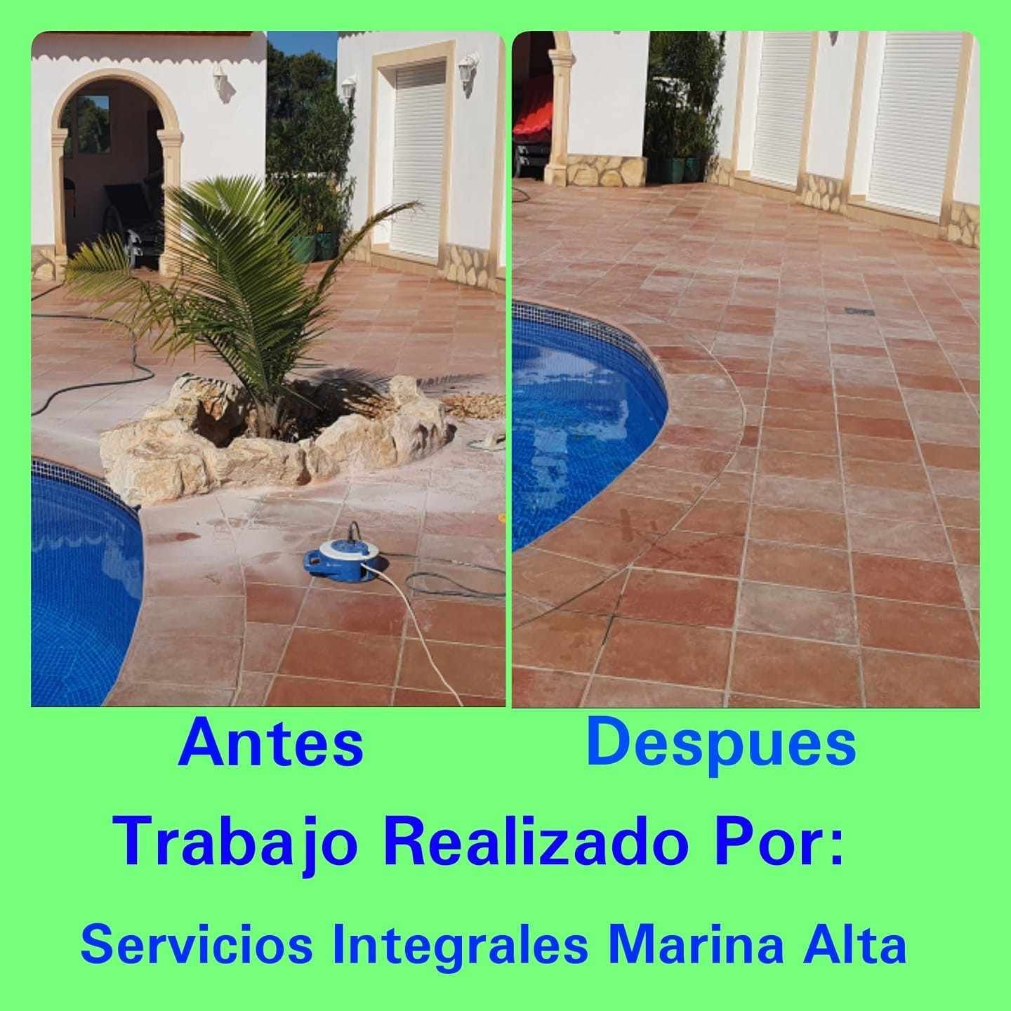 Antes y después de limpieza junto a una piscina: terraza de baldosas y arbusto recortado.