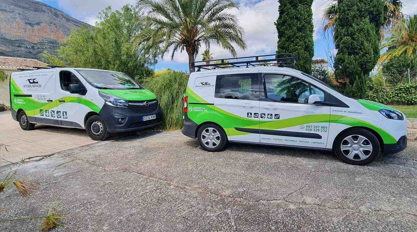 Dos furgonetas de servicio verdes y blancas aparcadas sobre grava con palmeras y montañas al fondo.