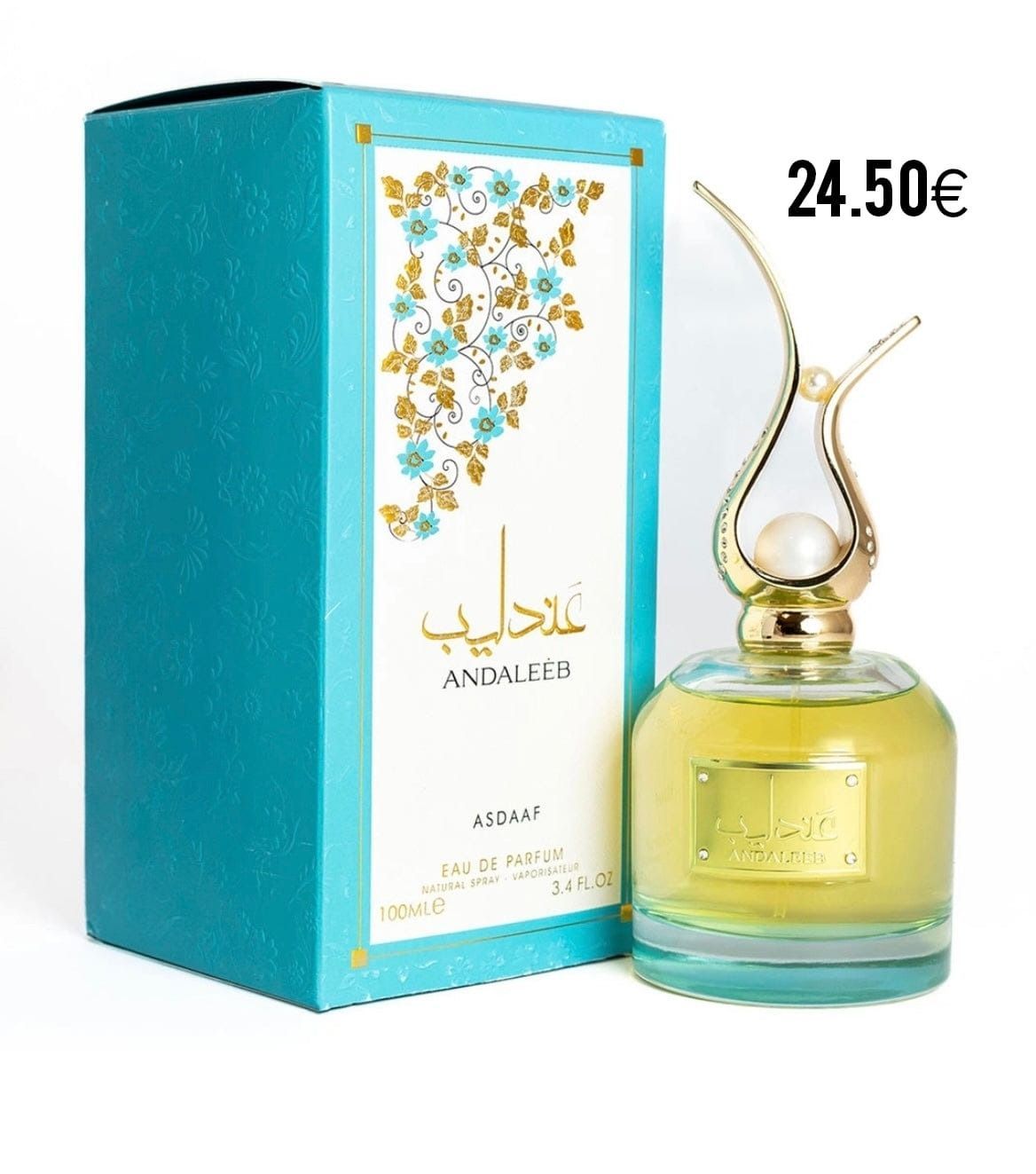 Un frasco de perfume al lado de una caja que dice 24,50