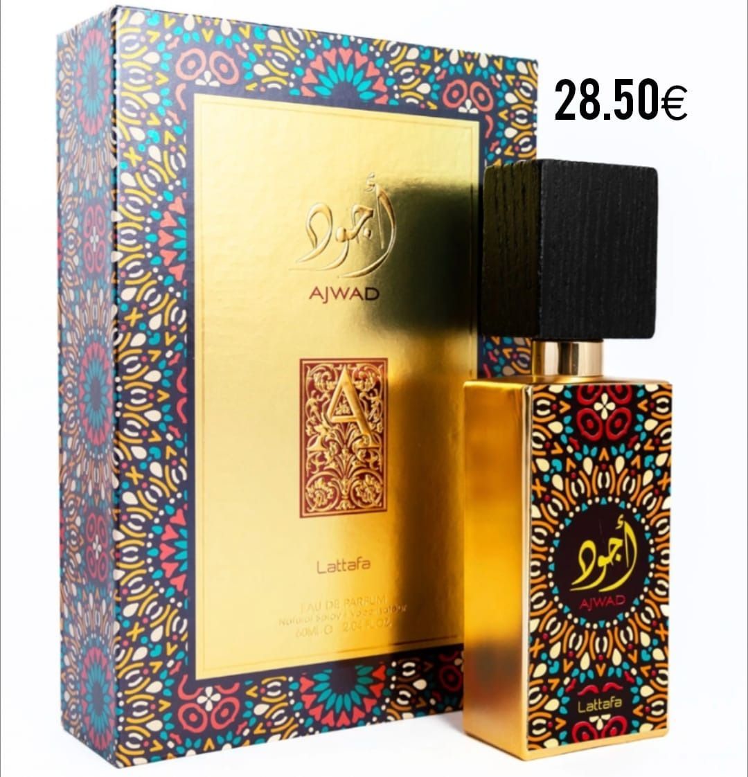 Una botella de perfume Awad se encuentra junto a su caja.