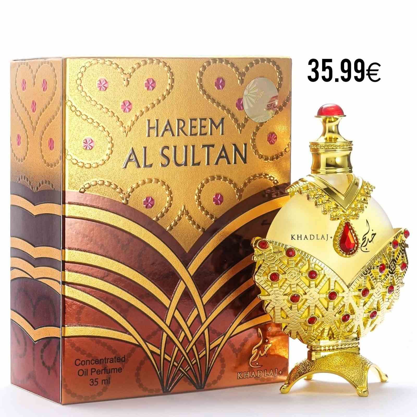 Una botella de perfume Hareem Al Sultan se encuentra junto a su caja.