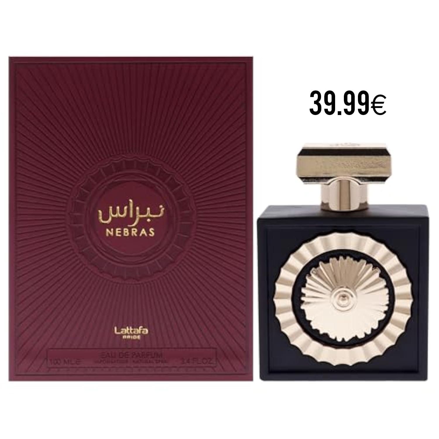 Una botella de perfume al lado de una caja que dice 39,99