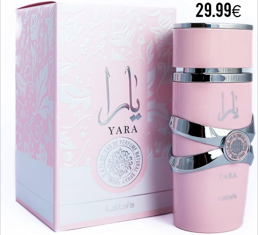 Una botella de perfume Yara se encuentra junto a su caja.