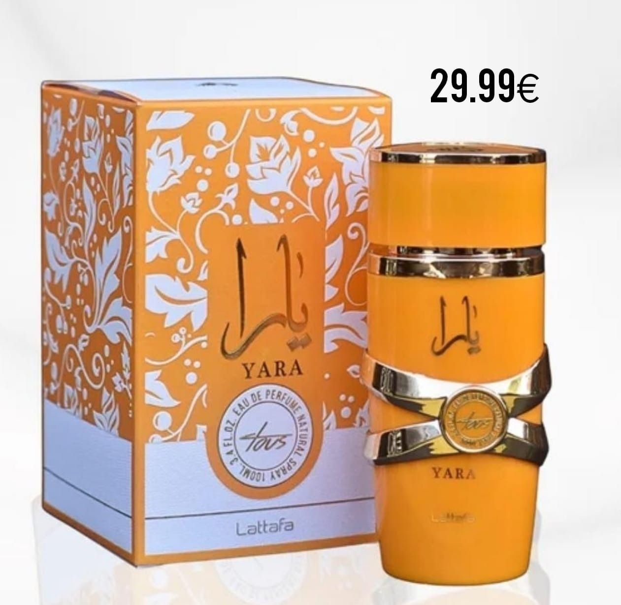 Una botella de perfume Yara se encuentra junto a su caja.