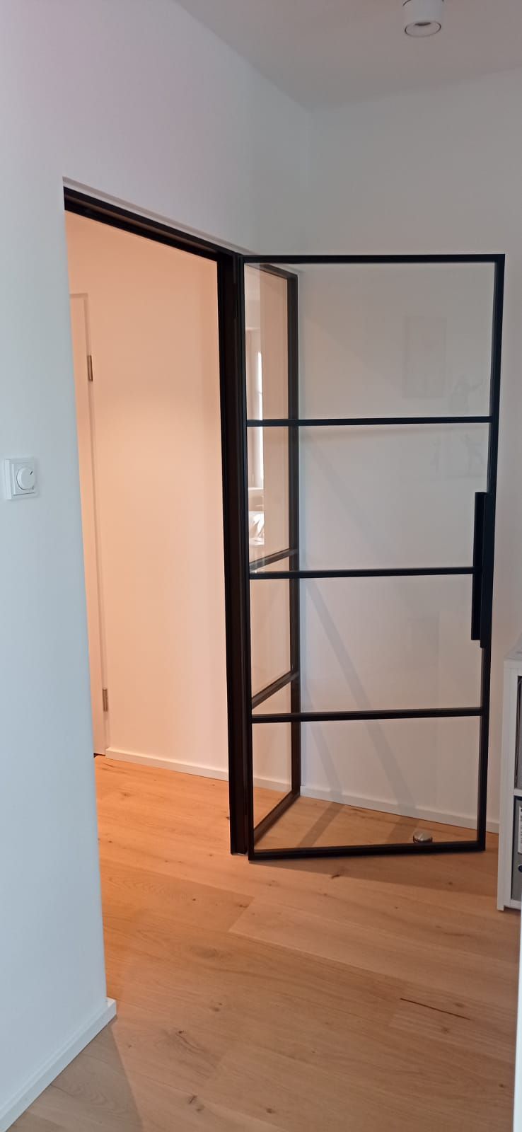 Ein Flur mit Glastür und Holzboden.