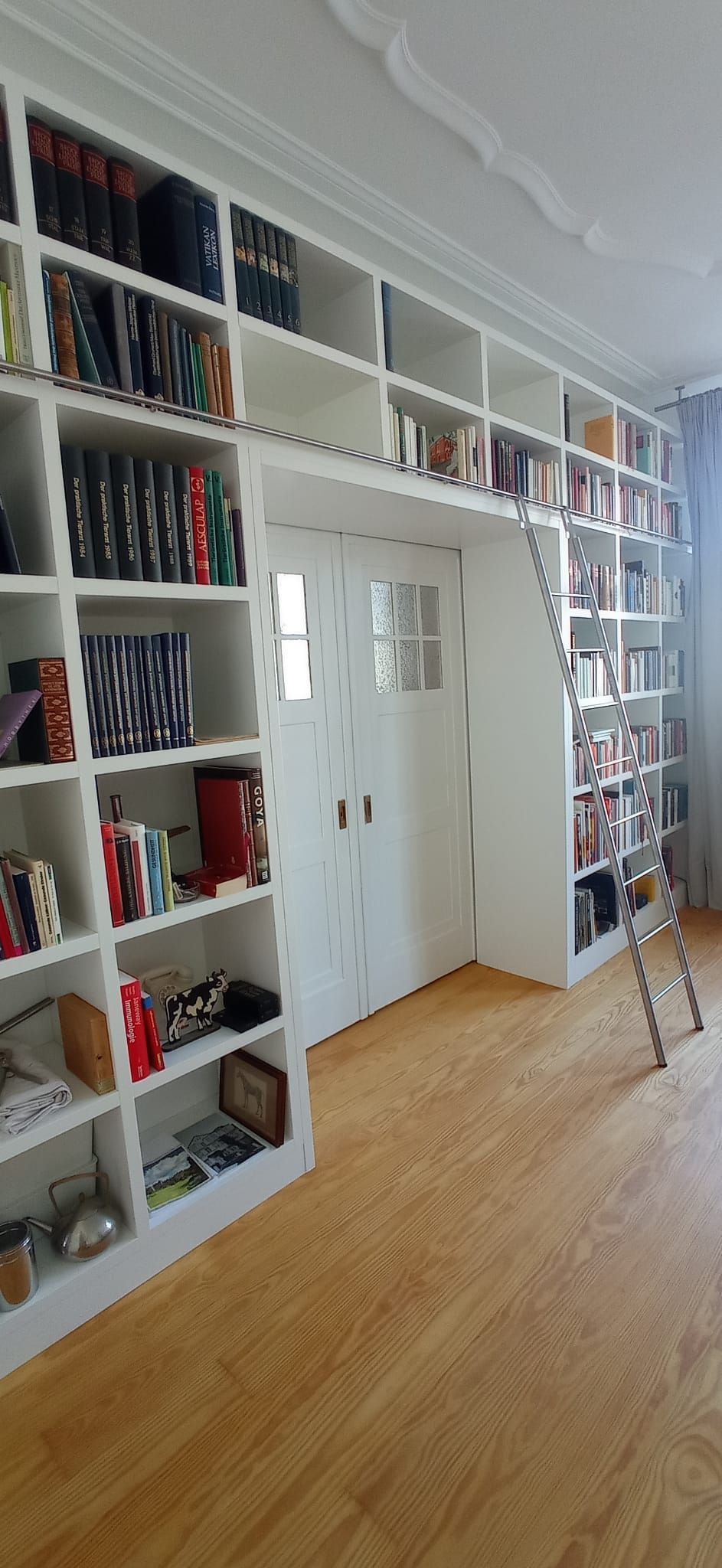 In der Mitte des Bücherregals steht eine Leiter.