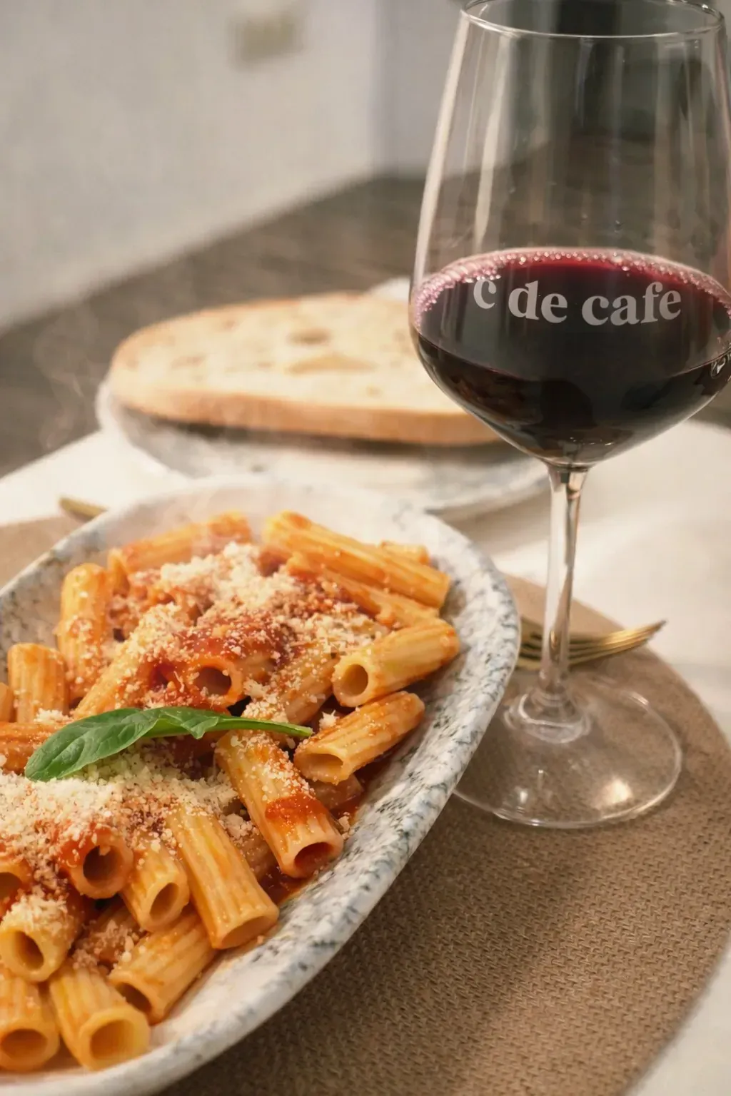 Plato de pasta con queso rallado y albahaca junto a una copa de vino tinto en una mesa.