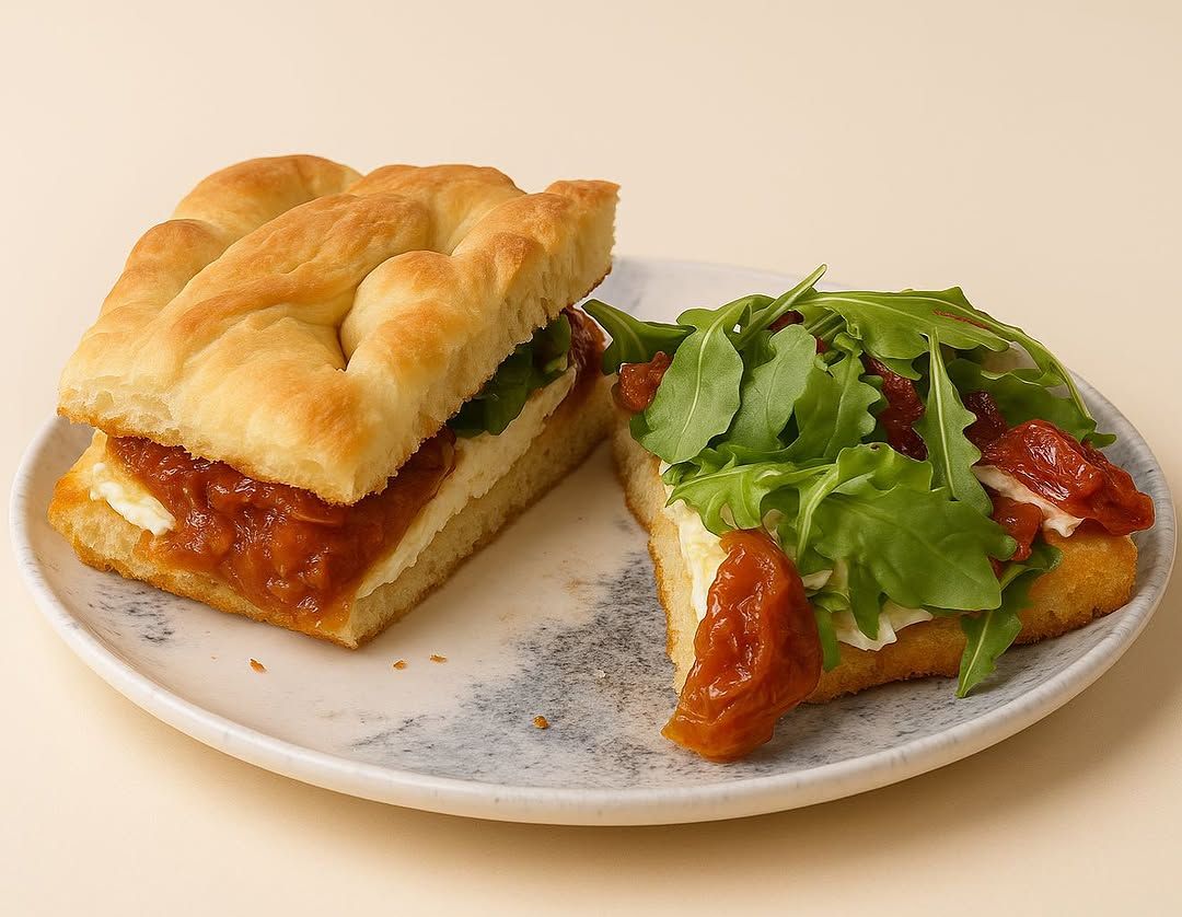 Dos rebanadas de pan salado con salsa, una de ellas cubierta con verduras, en un plato blanco.