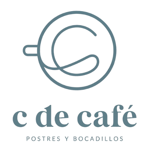 Logo de “c de café” en gris azulado, con taza estilizada y el texto “postres y bocadillos”