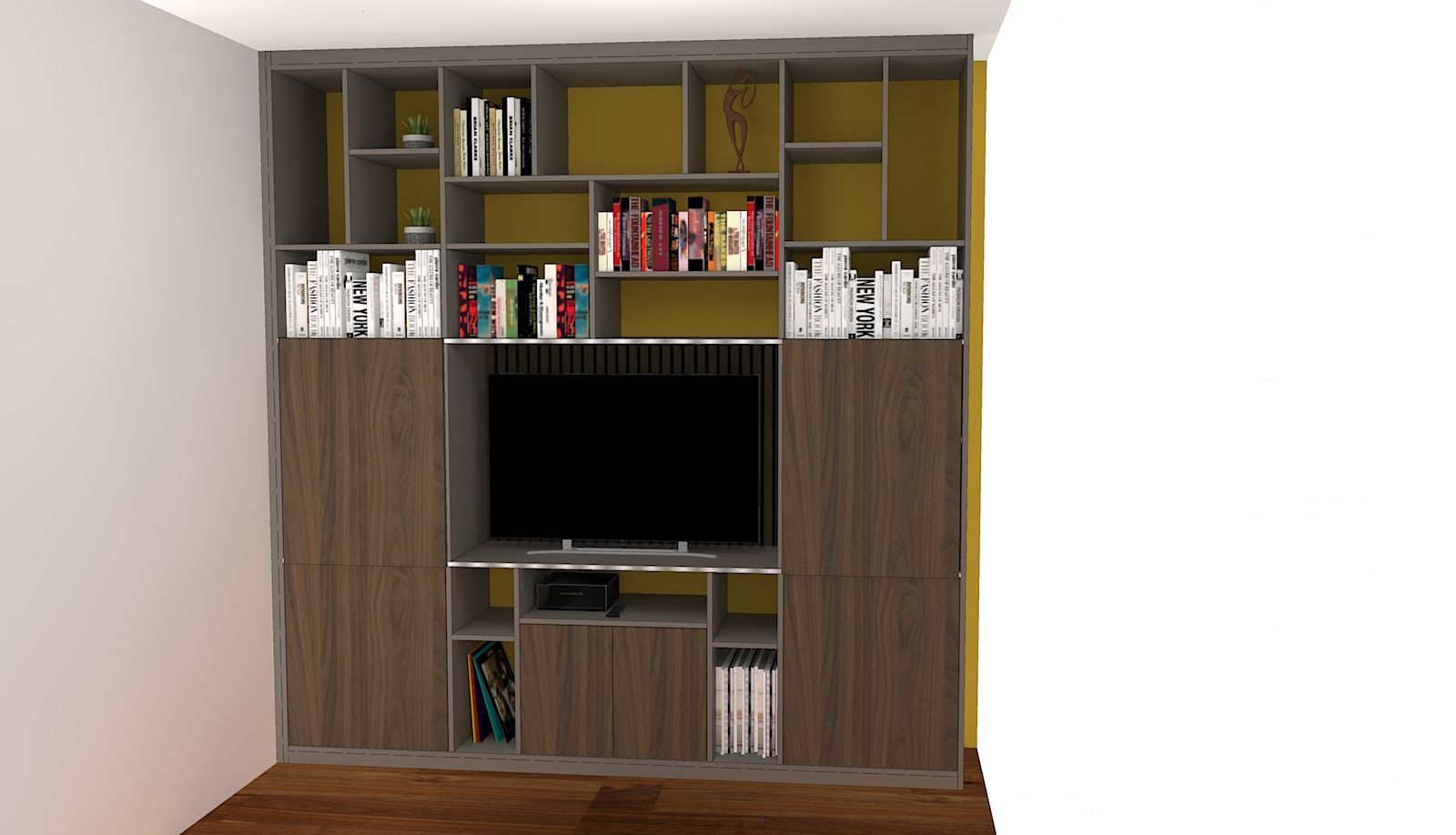 Bibliothèque sur mesure à Nantes avec emplacement TV caché.