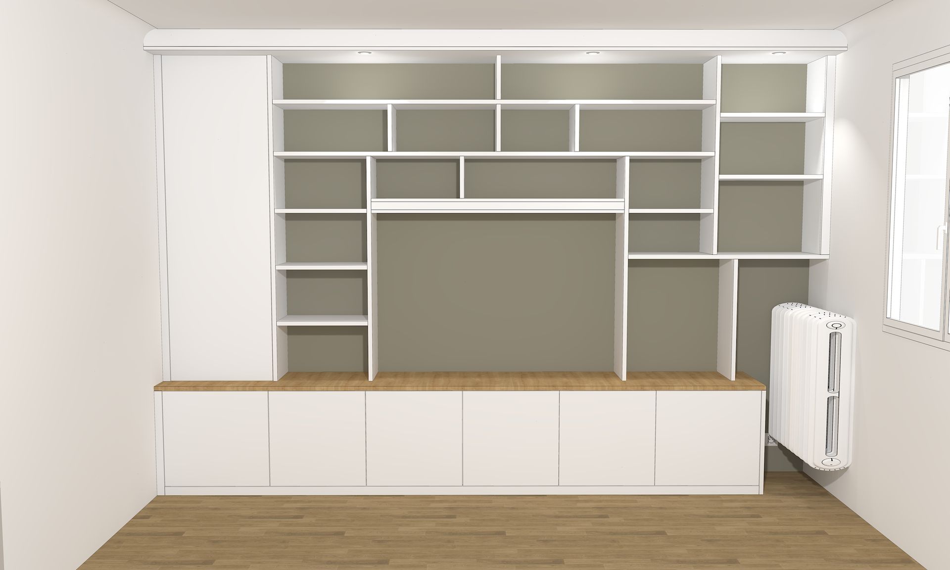 Bibliothèque sur mesure à Nantes avec emplacement TV et spot LED.