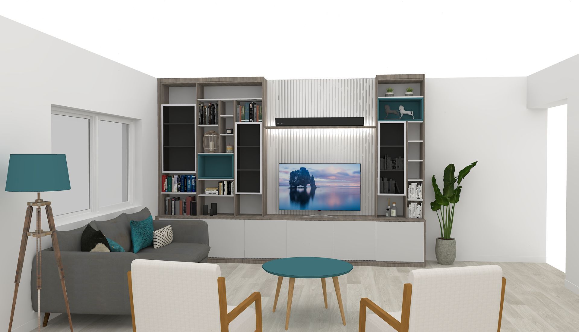 Bibliothèque sur mesure à Nantes avec emplacement TV. Tasseaux de bois et spot LED.