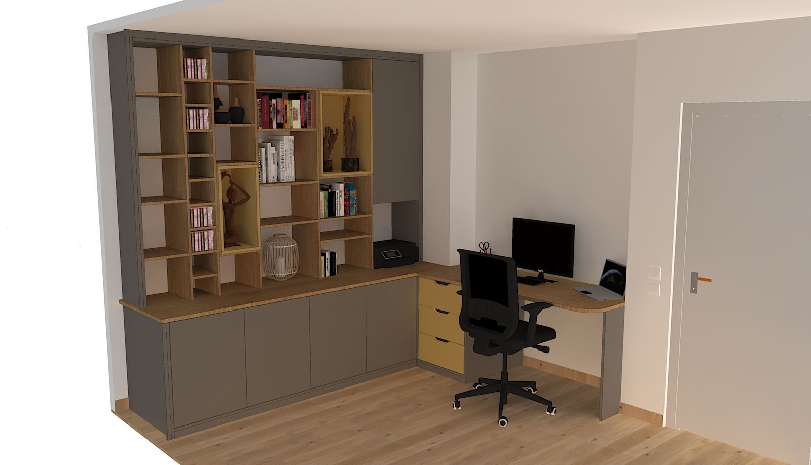 Bibliothèque sur mesure à Nantes avec bureau encastrée.