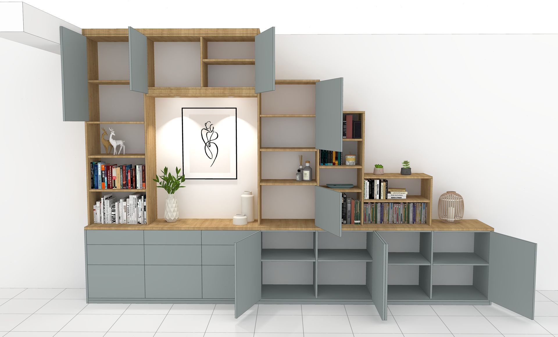 Bibliothèque sur mesure à Nantes avec niche ouverte et spot LED.