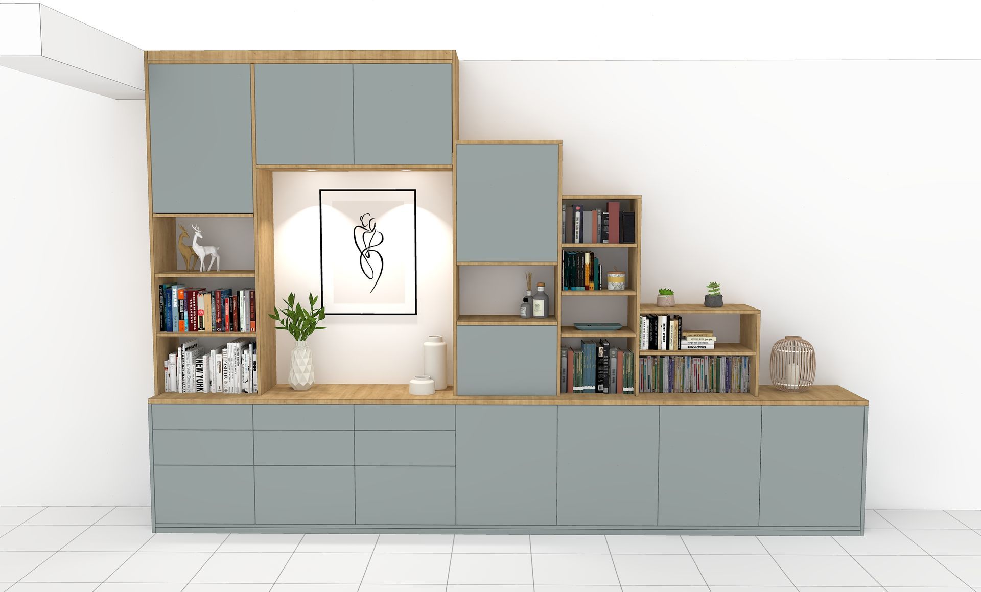 Bibliothèque sur mesure à Nantes avec niche ouverte et spot LED.