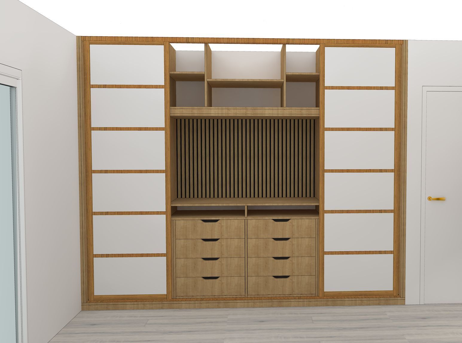 Placard coulissant sur mesure. Dressing parental. Bloc tiroirs. Emplacement TV à Nantes.