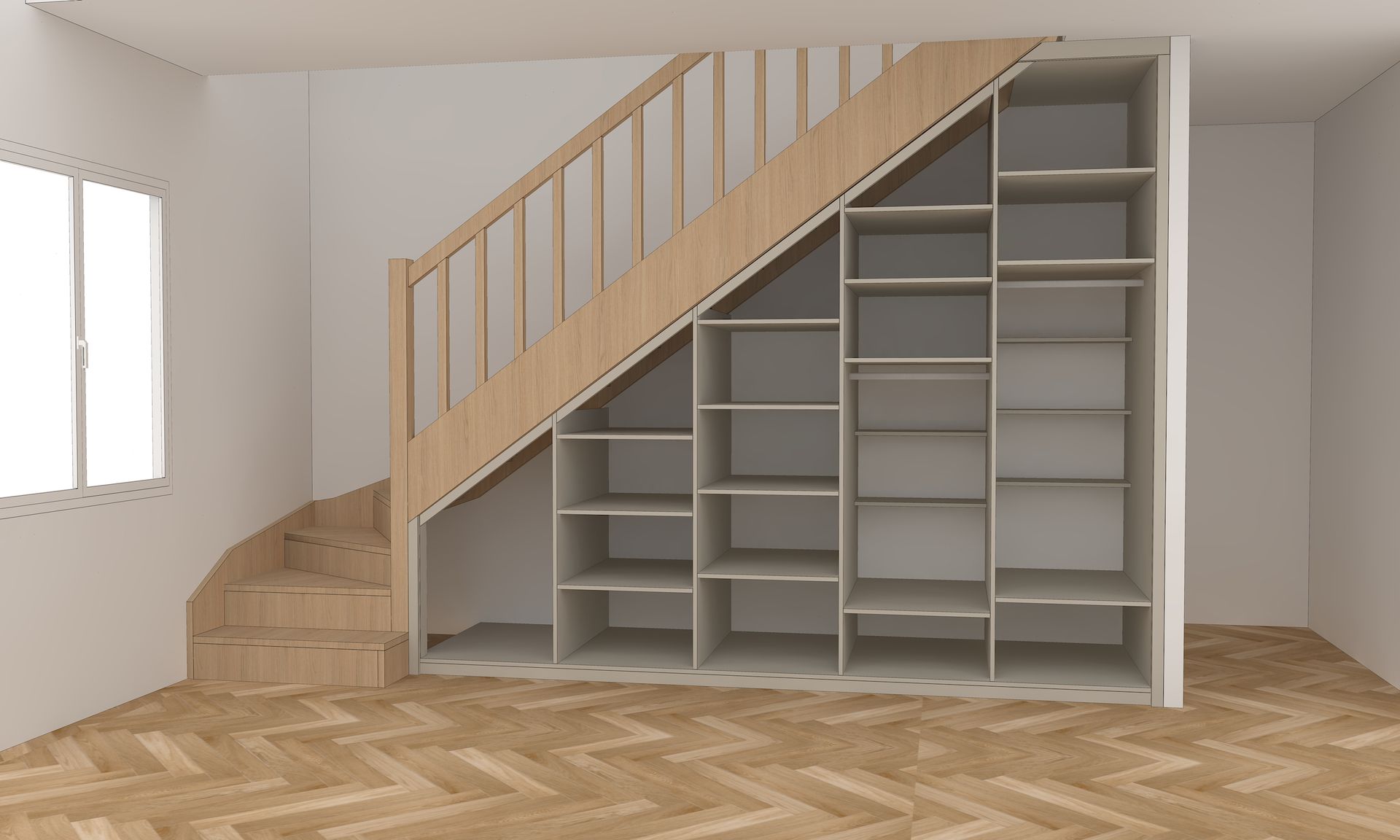 Aménagement sous escalier sur mesure à Nantes.