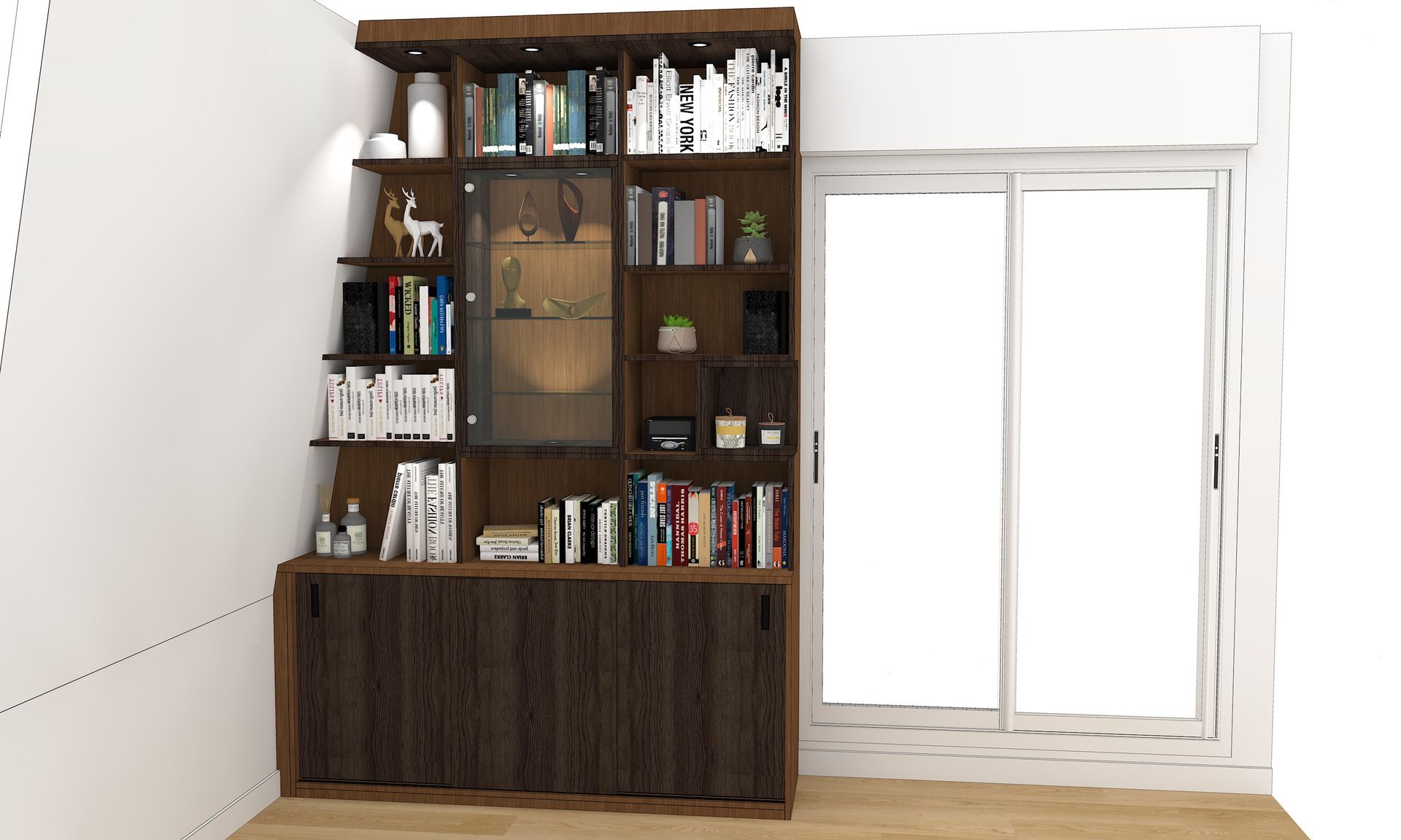 Bibliothèque sur mesure à Nantes avec vitrine et spot LED.