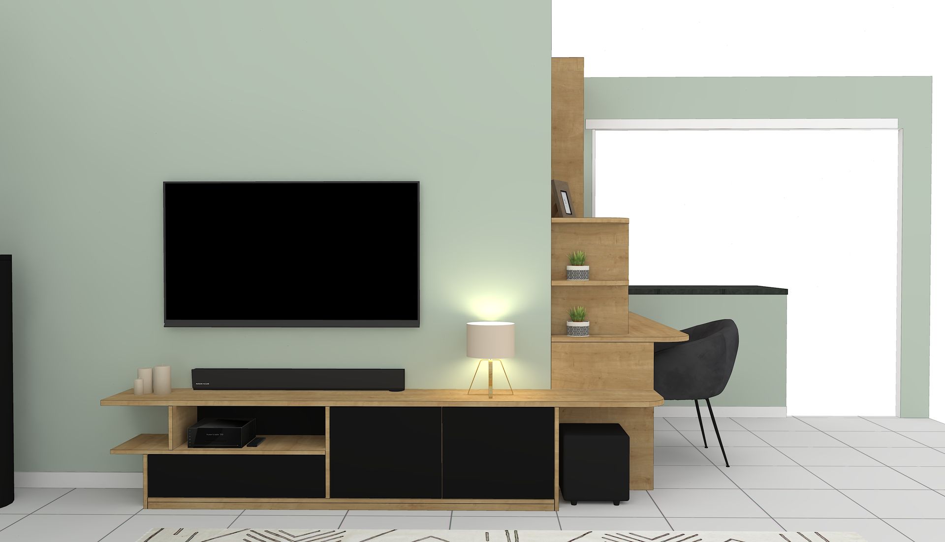 Bibliothèque/bureau sur mesure à Nantes avec emplacement TV.