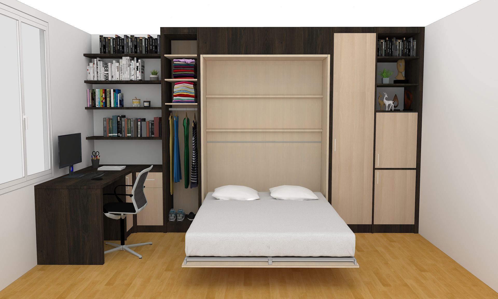 Aménagement sur mesure à Nantes avec lit relevable et bureau intégré.