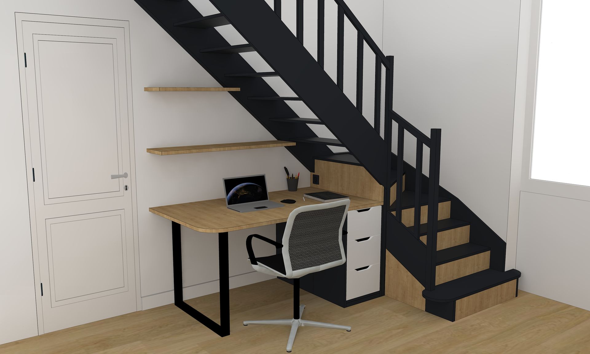 Bureau sur mesure sous escalier avec placard et rangement à Nantes.