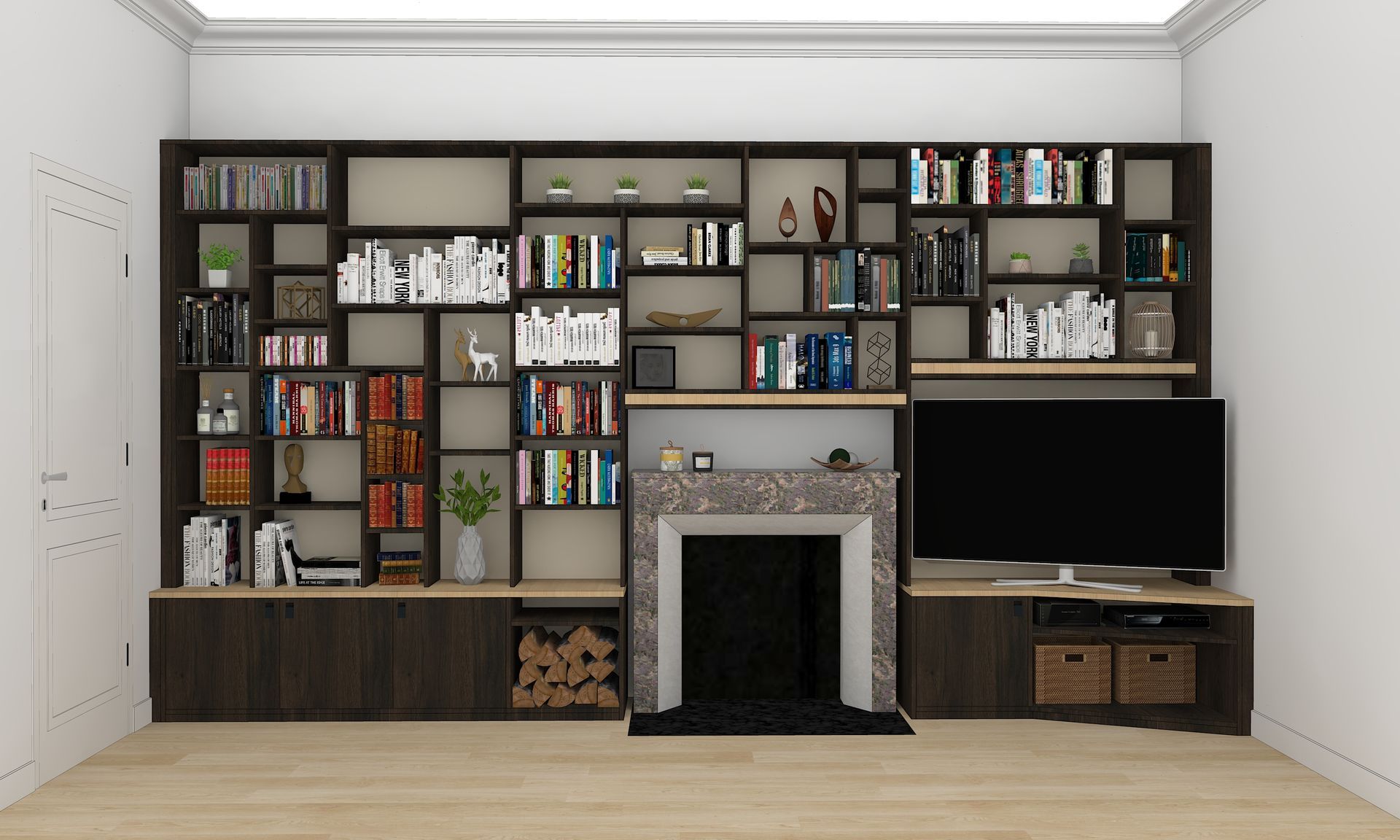 Bibliothèque sur mesure à Nantes avec emplacement TV et spot LED.