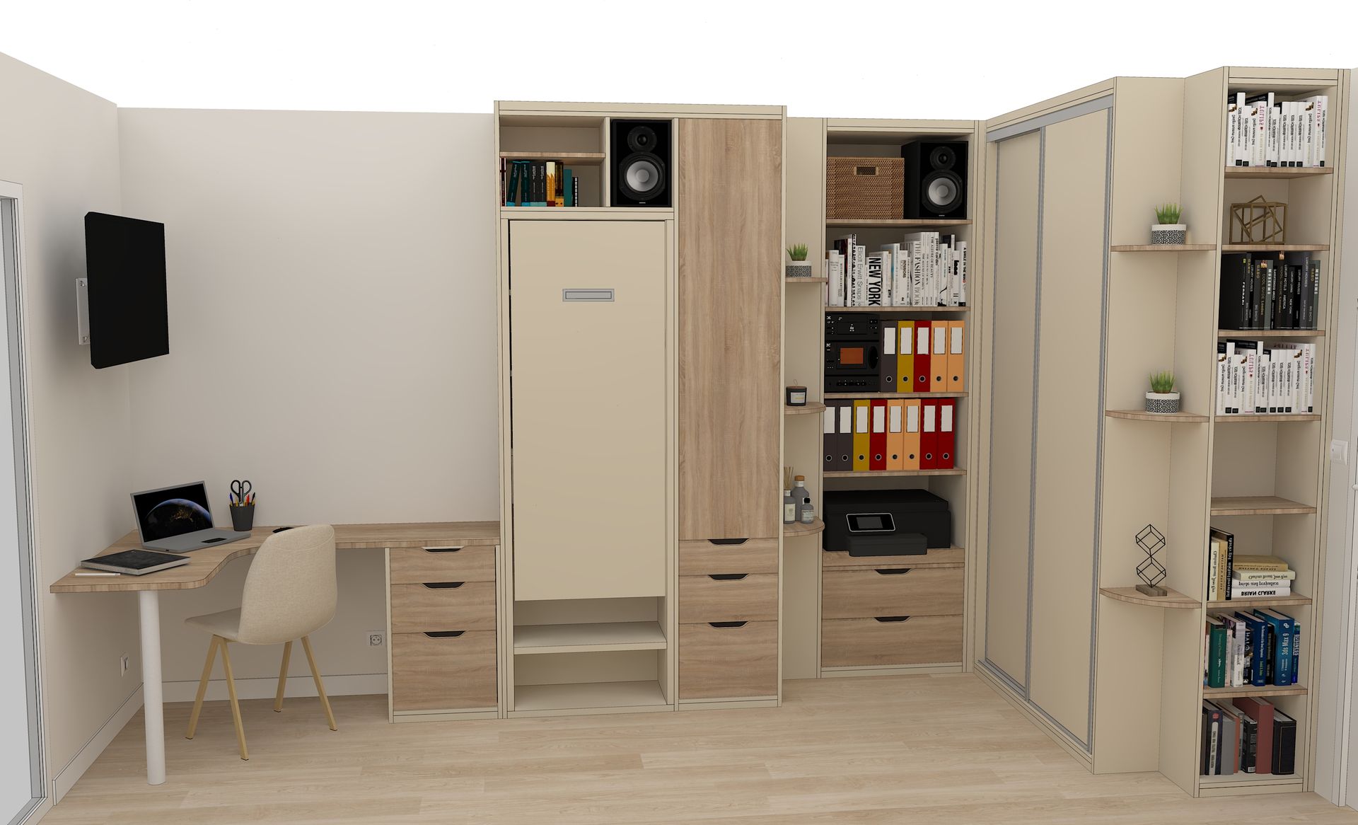 Aménagement sur mesure à Nantes avec lit relevable et bureau intégré.