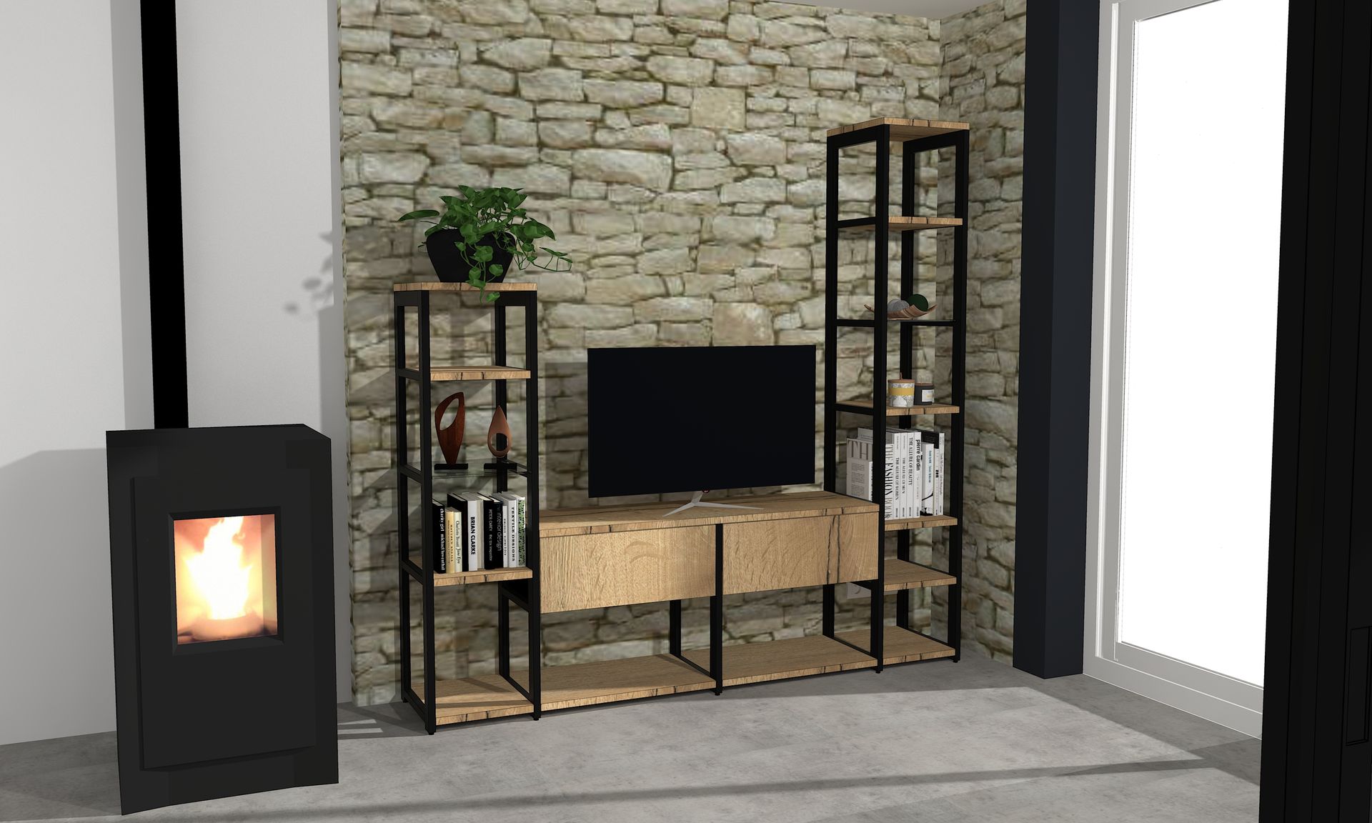 Living TV sur mesure à Nantes avec emplacement TV. Arche métal noir mat et bois